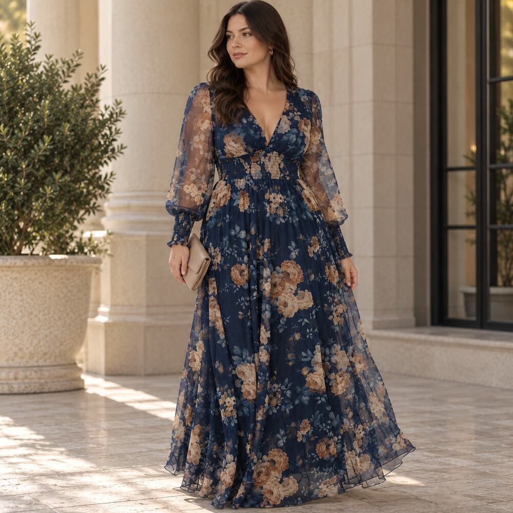 BALTIC BORN Layla Tulle Maxi Dress Blue Golden Floral Sz 1X $132 {MM1}